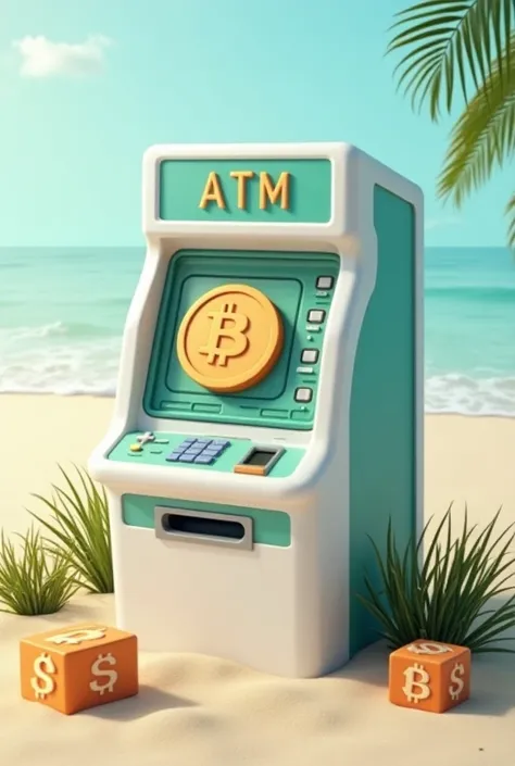  gaming ATM, from above,  gaming ATM with the image of bitcoin, mine, casual , view from above,  with bbock , a view from the . on the beach, On the grass 