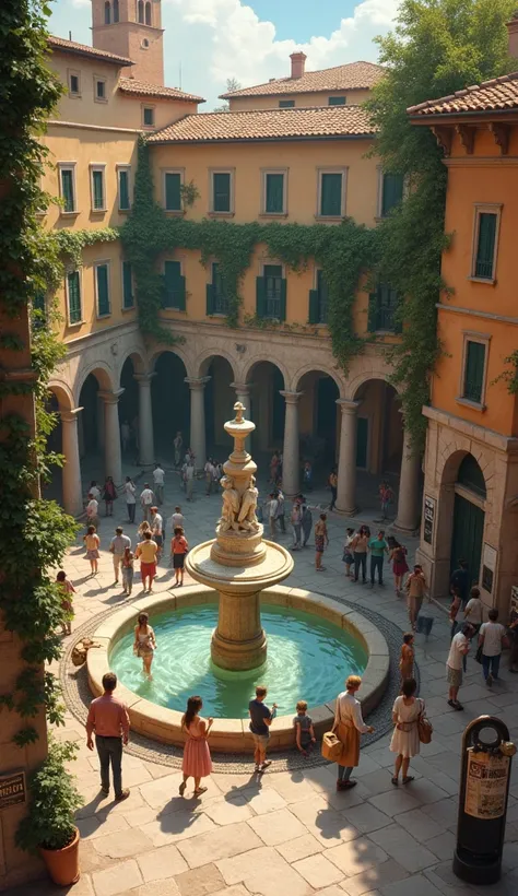 Prompt:  A small hidden square in Rome ,  surrounded by old buildings with climbing plants that climb the walls . At the center,  an ancient fountain with time-worn sculptures . People seated around ,  chatting and enjoying the environment .  Add a street ...