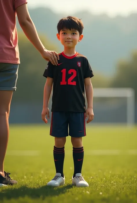 Boy soccer player with black hair black t-shirt with red number 12 by his mothers hand dressed in jeans white sneakers