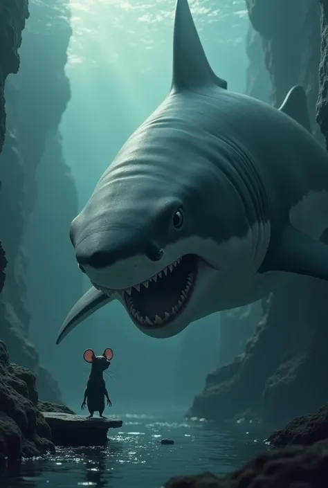 
” An unusual and intriguing scene in a surreal environment ,  where an immense shark ,  with its dark gray skin and sharp teeth showing ,  is facing an audacious and small mouse ,  but with an expression of curiosity and courage . The shark,  with its int...