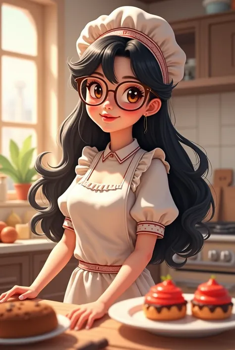  Beautiful girl with long black hair ,  dressed as a pastry chef , with glasses,  animated