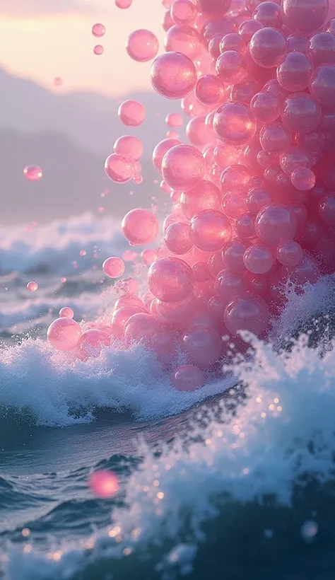  In the midst of a turbulent ocean with great waves ,  thousands of rose bubbles twisted ,  adds beauty that contrasts with the forces of nature around it .  Raging waves pounded the surface of the water ,  but between the rushing currents ,  the brightly ...