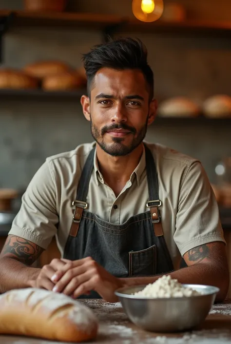 27-year-old man with indigenous traits by profession as a baker without a beard 