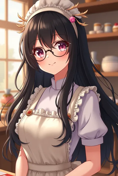  Beautiful girl with long black hair ,  dressed as a pastry chef , with glasses, Animated without fringes