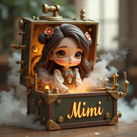 A steampunk cyborg surprise box with a 3D illustration of a vintage Scottish girl with a kawaii and chibi style aesthetic. The girl has shiny long wavy brown hair and wears a traditional Scottish dress with intricate and colorful details. Her big, brown ey...