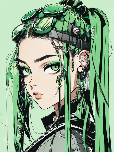 Character model sheet in manga style of a young woman with a unique, alternative look. She has long braided hair with bold green highlights mixed with dark tones, and layered bangs partially covering her forehead. Her eyebrows are thick and well-defined, e...