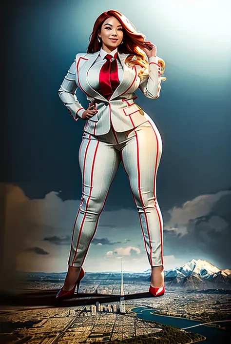 10 miles tall curvy asian woman with a beautiful smile, bigger than a giant city, curvaceous figure, natural breast, and long wavy bright red hair with blonde highlights, with a curvaceous figure and massive breasts. wearing the finest light grey pinstripe...