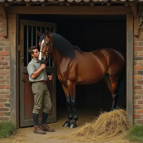 A horse in the stable 。 There was a man next to him holding the hay. erection