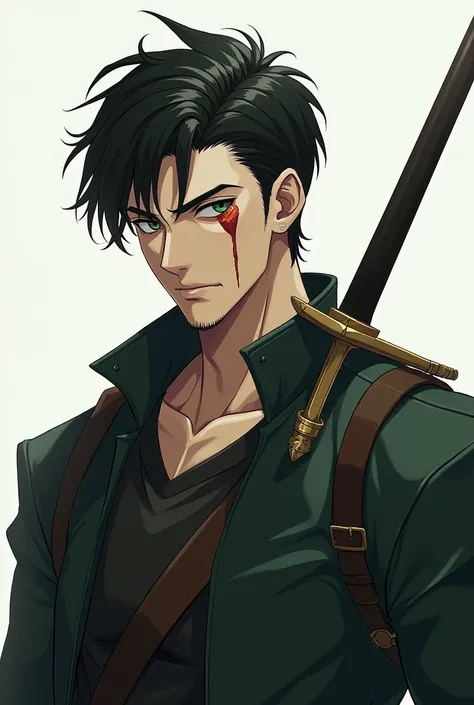 Draw me a beardless knight commander with black hair short but black hair long enough to collect white skin emerald green eyes putting his handsome muscular post-workout sword under his right eye with a small wound under his right eye