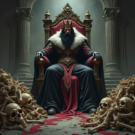 An evil king looking down upon piles of bomes from his throne