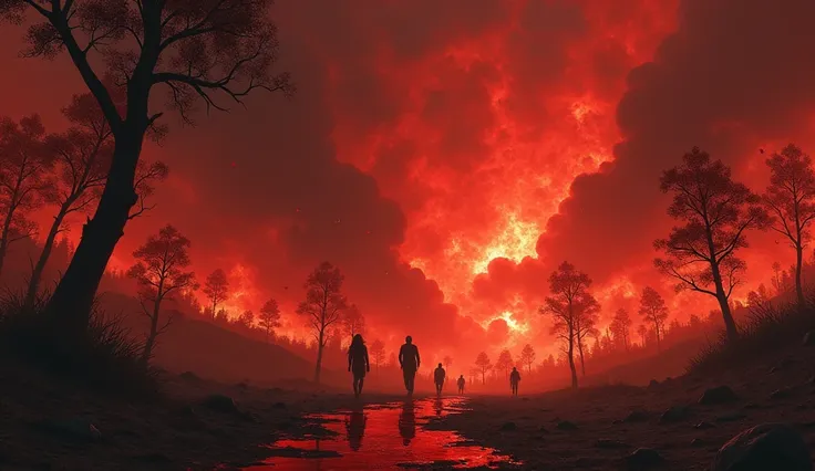  An apocalyptic vision where large hailstones and flames fall from the sky, illuminating a devastated landscape .  Fire mixes with drops of blood that dye the ground ,  burning trees and leaving the earth dry and smoky .  People in despair try to protect t...