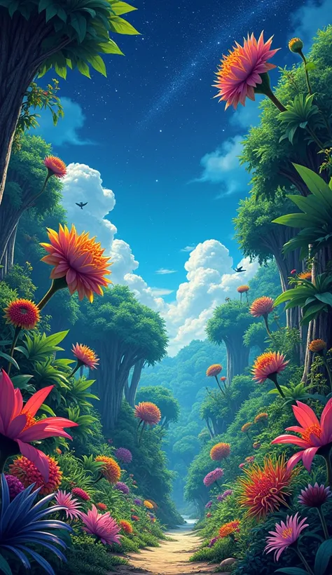 Illustrate a viral anime nature wallpaper in 4K quality, inspired by Akira Toriyama. Depict a fantastical jungle with oversized plants, vibrant flowers, and exotic animals. Use bright and playful colors, with cosmos lighting and stars twinkling in the sky....