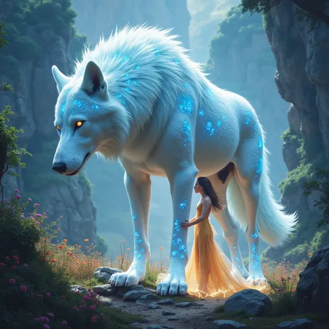 A giant glowing wolf,  who is friends with a human woman.(masterpiece, detailed colors, highest image quality, high quality,just, beautiful, fantasy elements.