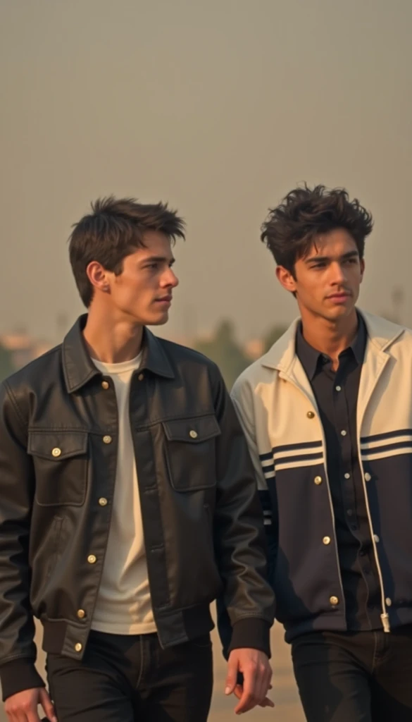 two handsome young American men friends one with a serious cold look one of them wears completely black the other is in his high school uniform and the other with dark hair brown eyes walk side by side they are  they are from California they are in high sc...