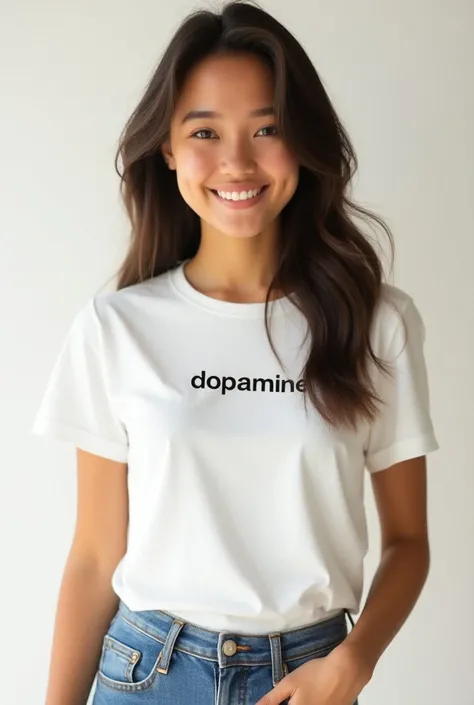 Ultra-realistic model with advertising style 18 year old woman smiling with beautiful feet wearing jeans and wearing a t-shirt that says Dopamine 