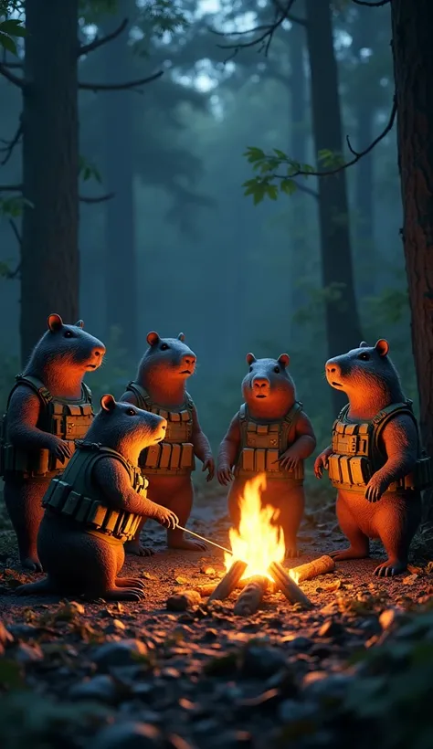 Create a very realistic group of military capybaras camping in a forest at night