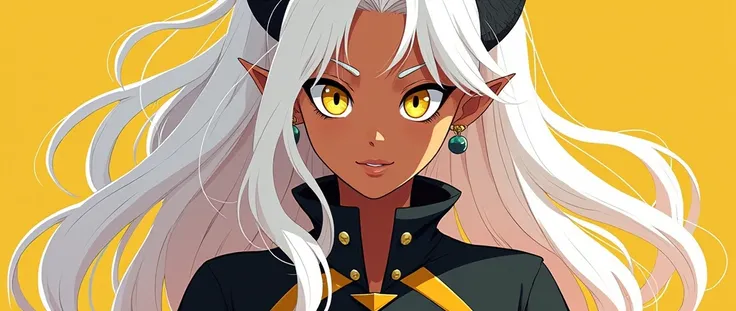 Create a feminine bnha-style oc with the following features
Brown skin and long white or platinum hair
Height of 163 cm
With a quirk inspired by dragons
With yellow eyes
With pointed and very small human ears (barely being pointy  ) 
 In a non-revealing he...