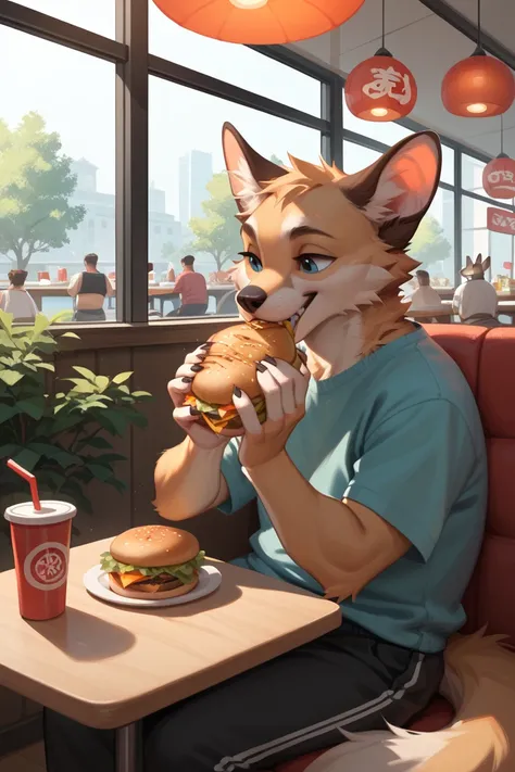 three furry sitting in a restaurant eating hamburgers front other