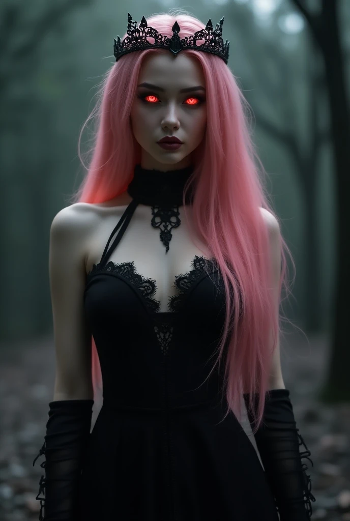 female vampire with long pink hair with red eyes wearing black gothic dress .with crown head