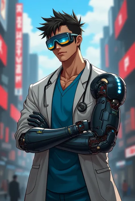 Create a Cyberpunk character where Im a doctor and mechanic Human , man,  with analyzer glasses and a novice robotic left arm but needs something less realistic and more anime/cartoon
