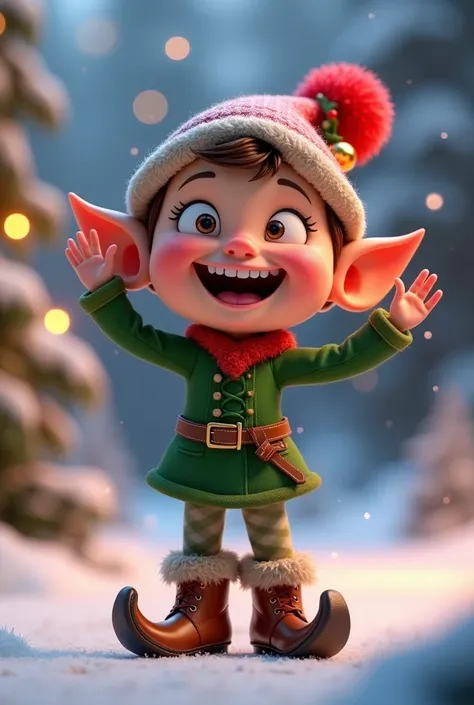 3d Pixar Style,  a laughing  Christmas elf ,  with a winter hat , stiefel, At Christmas  