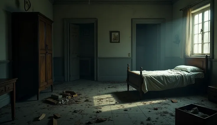 A room all messy looking dark with a bed in the right corner of the screen 