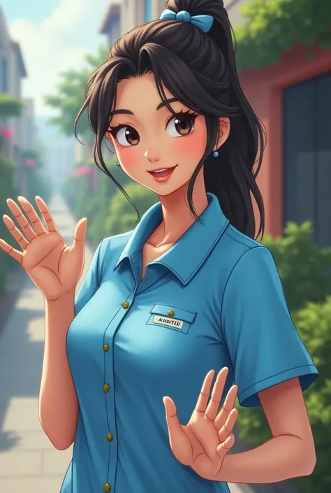 Professional female tour guide with her hair tied, with bow . with slanted eyes , with a slight smile, waving hands. With blue electronic cartoon polo
