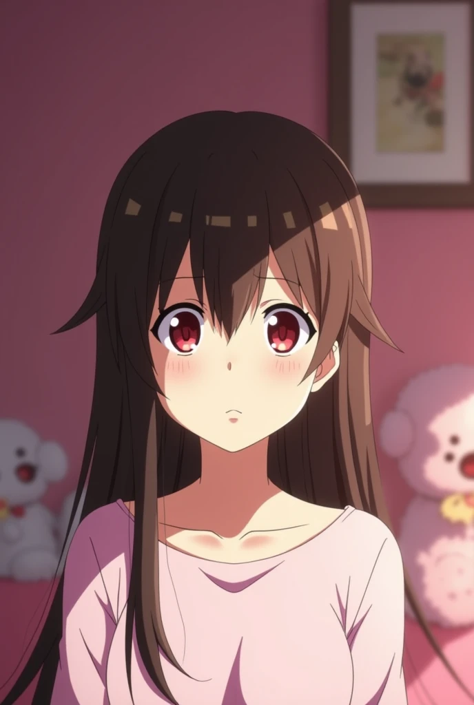  Screenshot of the anime My hero Academia ,  19-year-old girl ,  long straight brown hair ,  her eyes are a shade of cherry red ,  with a sad expression ,  and in the background a girls room in pastel pink. 