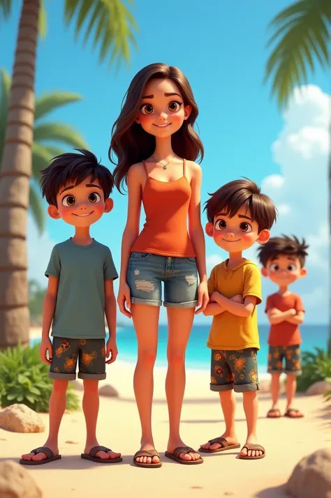 Disney Pixar big hero six
A 21-year-old girl in the center, with medium-dark wavy hair and golden eyes. She’s dressed in a coastal-style tank top, shorts, and sandals. Beside her, a 15-year-old boy with short dark hair, a T-shirt, board shorts, and flip-fl...