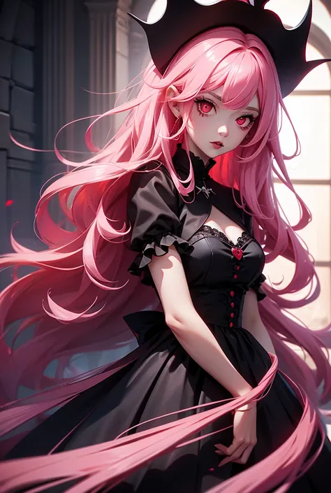 female vampire with long pink hair with red eyes wearing black princess dress