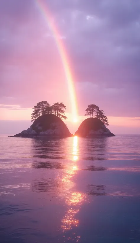 Bay with Twin and Rainbow Islands: A bay with two small islands side by side. The sky is lit by a soft rainbow while the sunset sparkles on the waters, creating reflections in shades of lilac and gold.