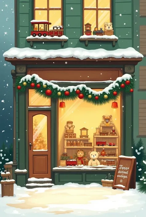 Gros plan d’une Illustration minimaliste d’Une charmante boutique de jouets décorée pour Noël, avec de grandes vitrines pleines de jouets anciens comme des trains en bois, des poupées, et des ours en peluche. La façade est peinte en vert et or, avec des gu...