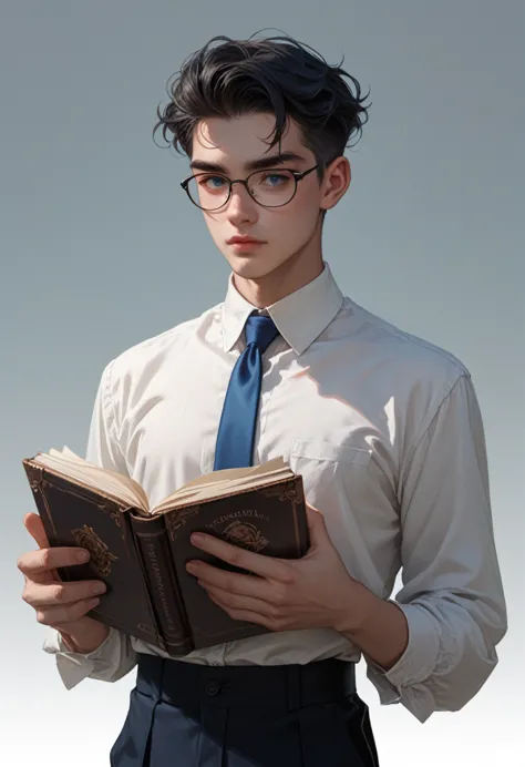 young man with slicked-back black hair and glasses, dressed in a white shirt and blue tie, holding a book, waist-up, muted color...