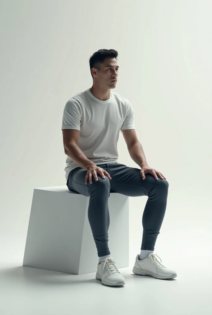 Real person athlete sitting on a seat that looks in 3 dimensions in perspective