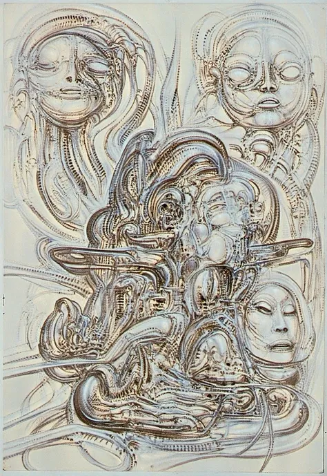 HRGGR, The image is a detailed view of H.R. Gigers biomechanical tableau " for judith (work 512) " plate, featuring (The image is a surrealistic  charcoal drawing of a mans face surrounded by swirling patterns and abstract shapes. By giger  ), (best qualit...