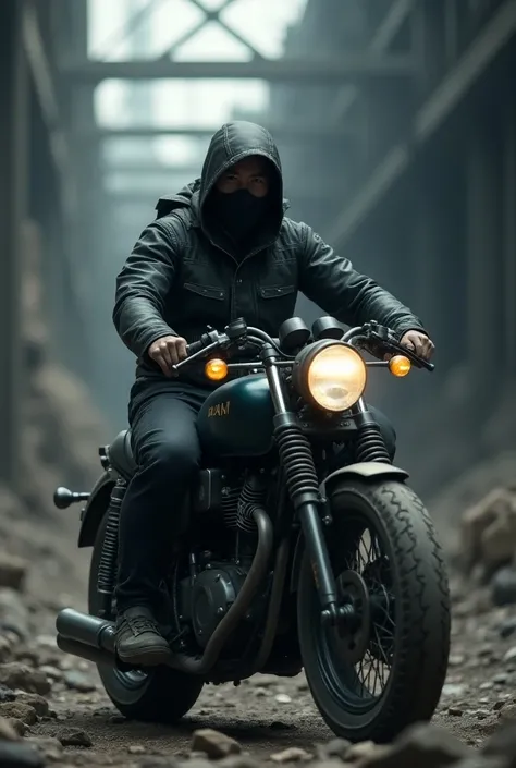 A masked Chinese man riding a motorcycle against the bottom of a mine