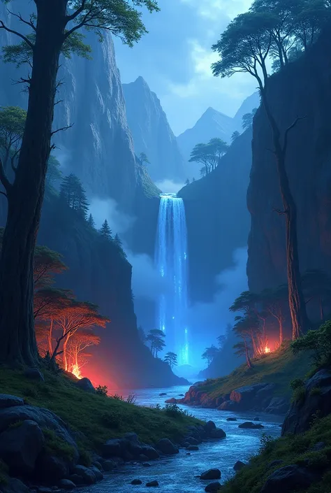 Cover art for my orchestra music entitled void. It should look like fantasy landscape with luminescent natural light sources. it should be natural with vegetation and dramatic landscape like from the hobbit.  Make it clearer and a bit cartoony with blue an...