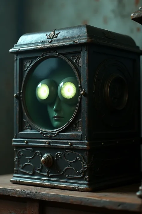 A strange storage box with glass cabinet and creepy eyes and caution 