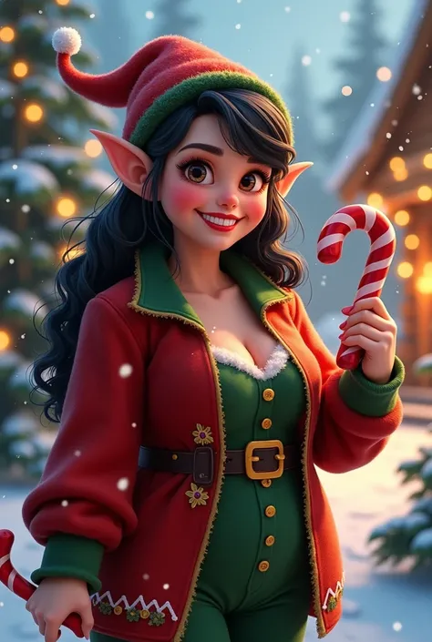 Female chubby Christmas elf with black hair,Candy Cane 