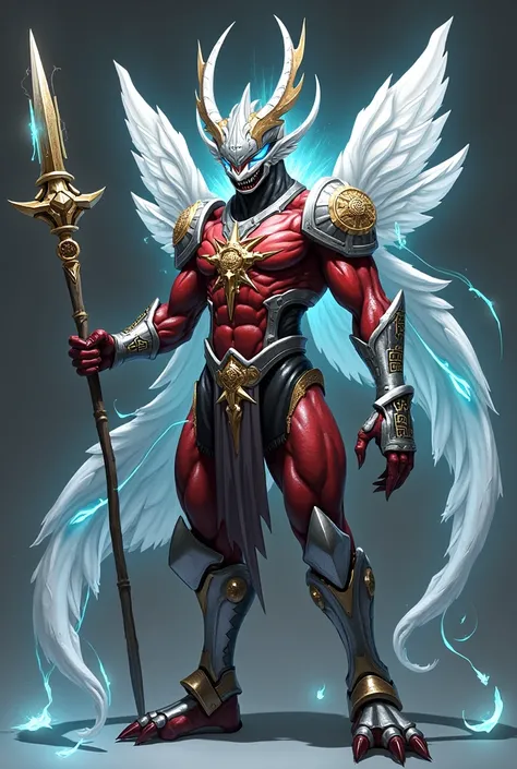 Create a hybrid creature called Celestial Kuwamon, mixing angelic and insectoid elements. It has a muscular, segmented body, partially covered by a red carapace and silver armor with white details. His head is protected by a silver mask with black, insect-...