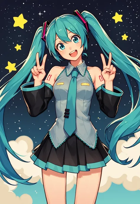 score_9, score_8_up, score_7_up, score_6_up, score_5_up, score_4_up, BREAK,
1girl, solo, looking at viewer, head tilt, v, peace, cowboy shot, happy,
hatsune miku, double v,
stars, clouds, abstract background,