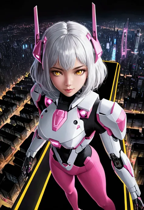 pretty, woman, yellow eyes, white hair, slim body, pink tights, mecha, neon sign, led night city, seen from above, high quality, realistic, beautiful light, complete detail, black background