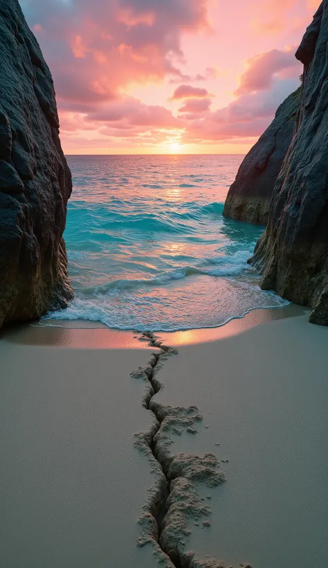 Emerald Beach with Sand Crack: A beach with a sand crack between two large rocks, creating a path to an emerald-colored sea. The sky at dusk is pink and orange, reflecting in the sea.