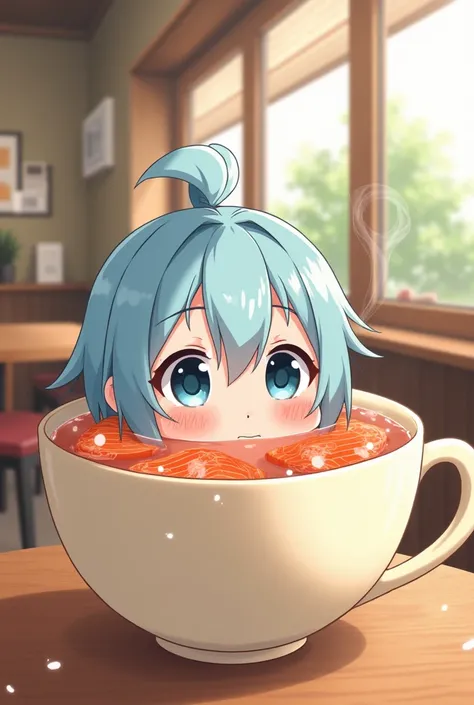 Anime Japanese Chibi Girl with Light Blue Hair Has a Short Ponytail Big Breasts Soaking in a Big Cup Full of Salmon in a Cafe