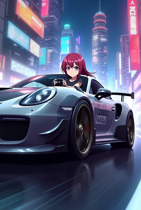 a wallpaper that is related to the game called Asphalt 8 and next to the car has the name Lehs444 and there is also an anime person sitting in the car