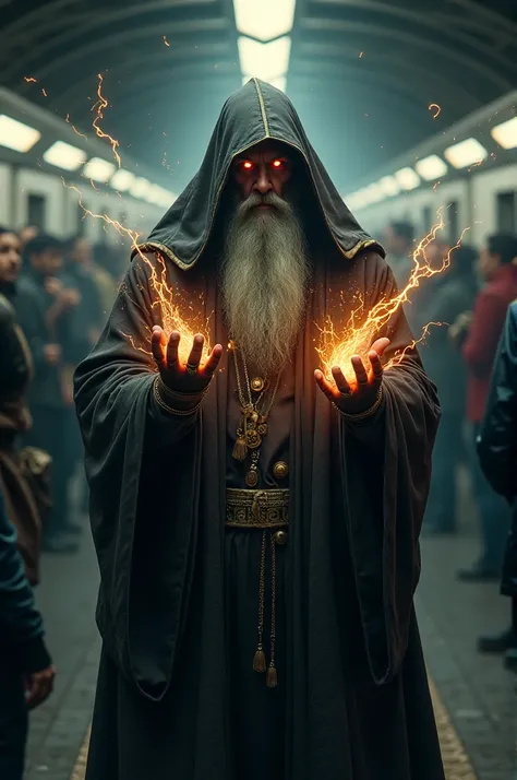 Play a wizard wizard with red eyes in the subway surrounded by people