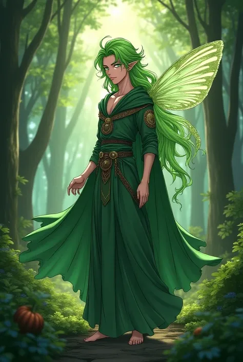 Pink-skin male Fairy , green hair, Prism eyes ,  robbish priest armor, forest number,  anime style .