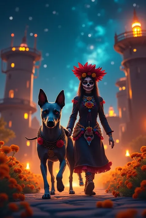  Create an image of a popular dog in Mexico leading its owner through the kingdom of the dead, Combine in this image element of Los Dias de los Murtos 