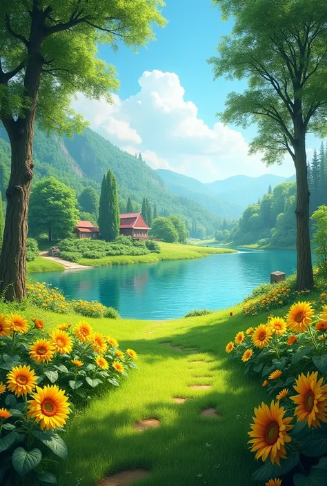 A beautiful and striking farm , with Green Lawn , a shimmering lake,  trees that provided pleasant shade and sunflowers adorning the path.