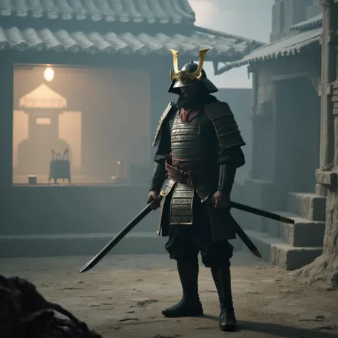 ((masterpiece, highest quality, Highest image quality, High resolution, photorealistic, Raw photo, Extremely detailed CG unified 8k wallpaper)), Dramatic Light, Volumetric Light, KATANA, A samurai wearing armor and a helmet is holding his sword, cant see h...